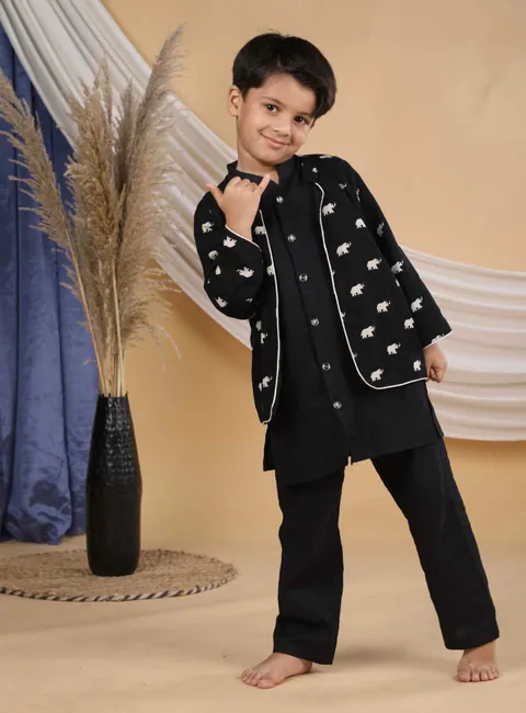 Elephant Print Boys Jacket with Black Kurta Pajama, kids ethnic wear by Stay Desi