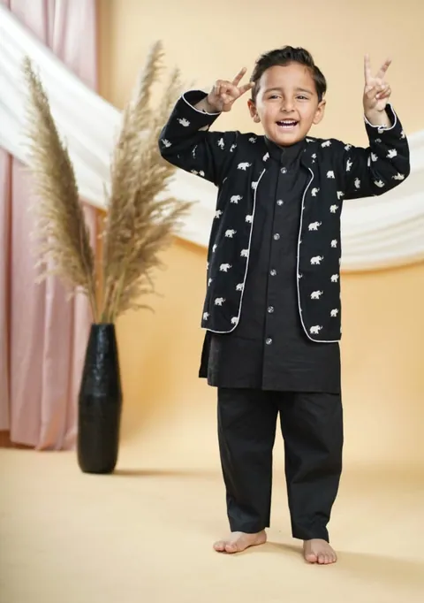 Elephant Print Boys Jacket with Black Kurta Pajama