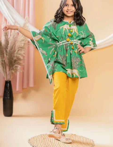 Animal Print Green Kaftan with Yellow Pants, kids ethnic wear by Stay Desi