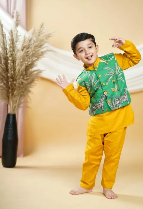 Animal Print Jacket with Yellow Kurta Pajama