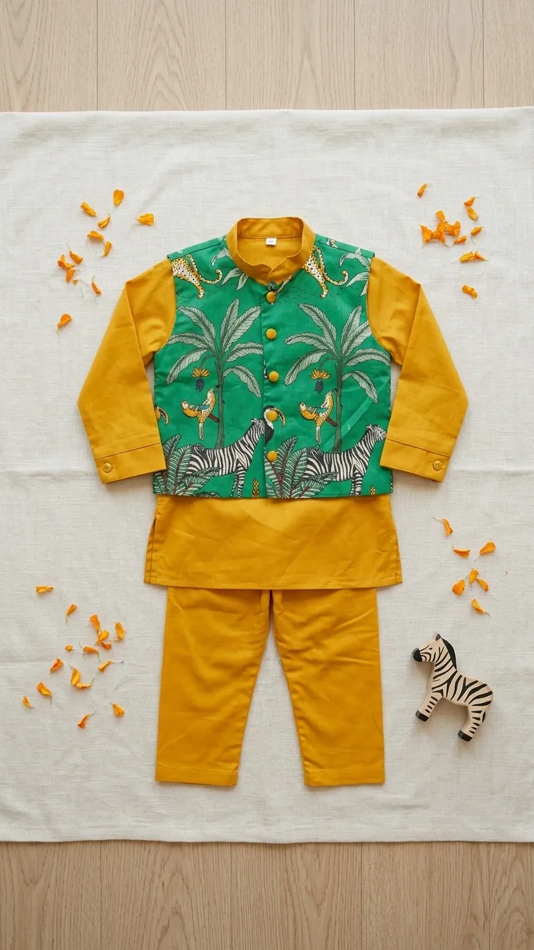 Animal Print Jacket with Yellow Kurta Pajama, view 3