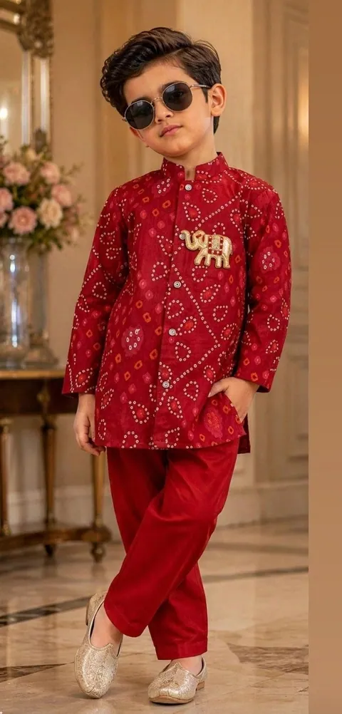 Boys Red Bandhani Print Kurta Set, kids ethnic wear by Stay Desi