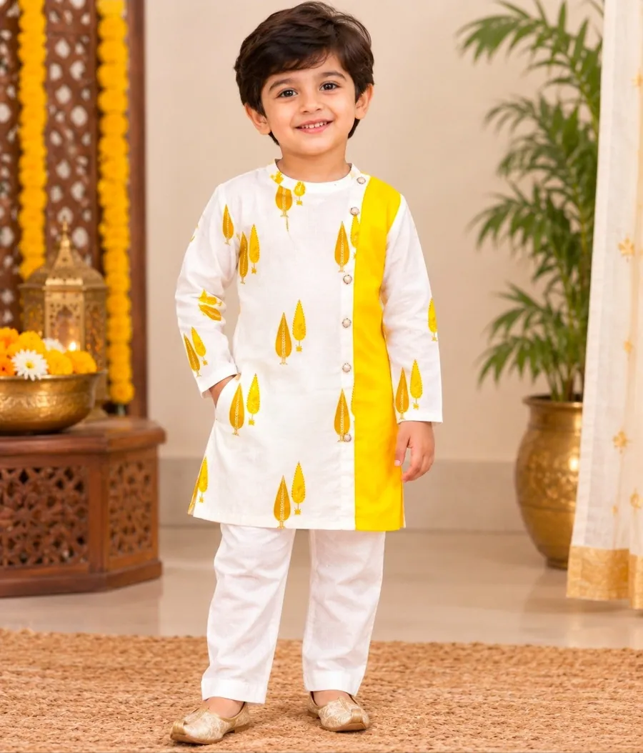 Boys Yellow & White Kurta Set