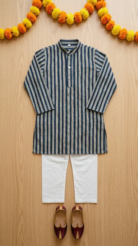 Lining Print Blue Kurta Pajama