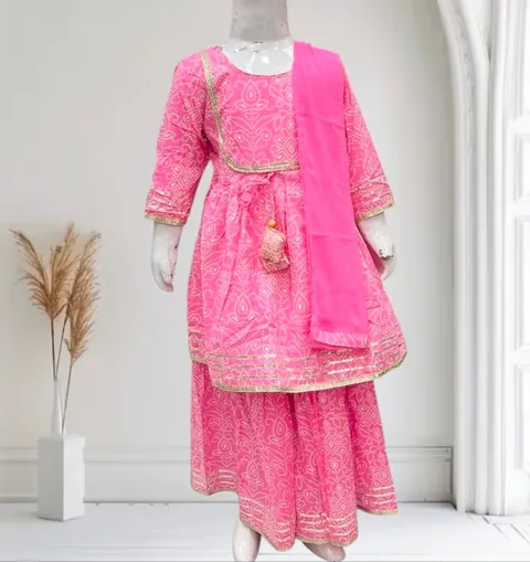 Pink Bandhni Print Sharara Suit, kids ethnic wear by Stay Desi