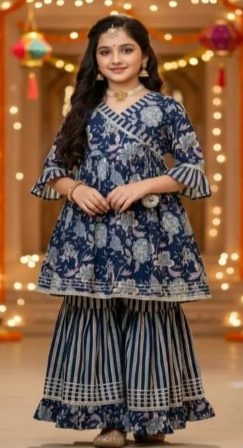 Blue Floral Print Sharara Suit, kids ethnic wear by Stay Desi
