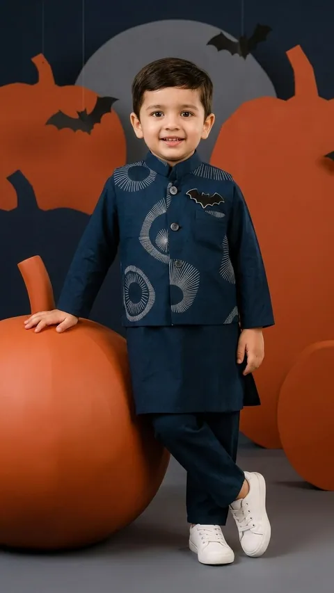 Navy Blue Kurta Pajama with Printed Jacket