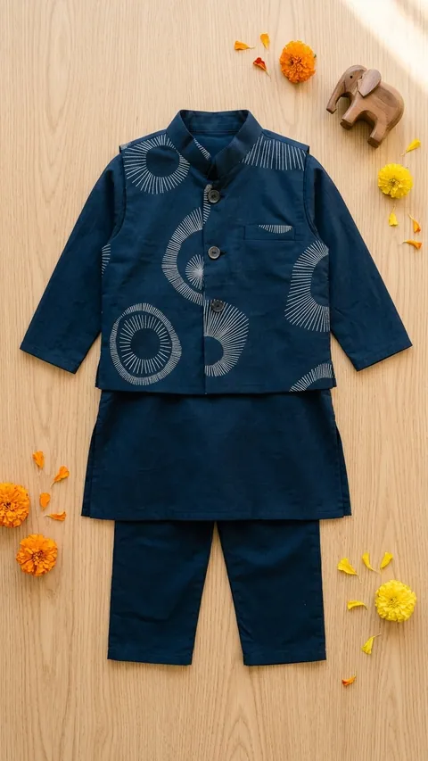 Navy Blue Kurta Pajama with Printed Jacket