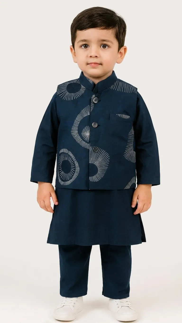 Navy Blue Kurta Pajama with Printed Jacket, view 3