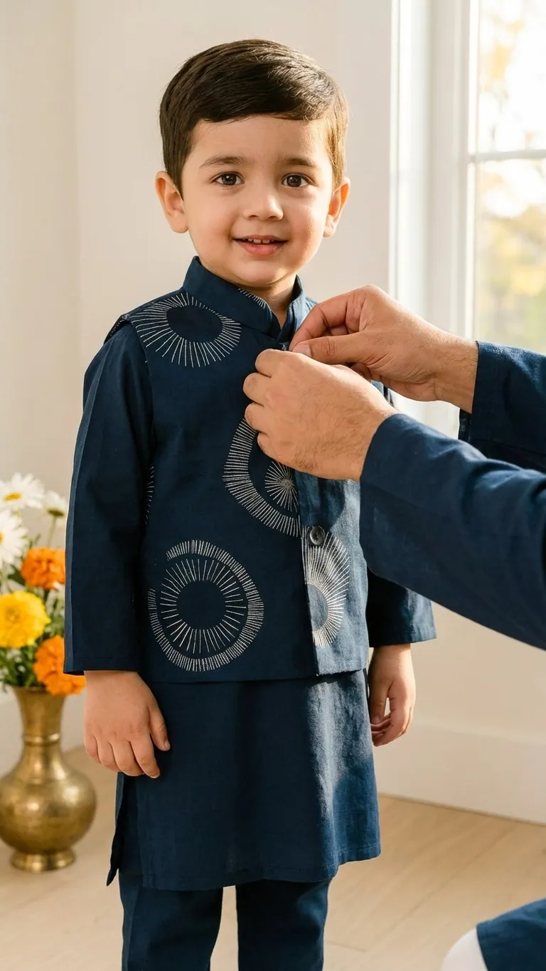 Navy Blue Kurta Pajama with Printed Jacket, view 4