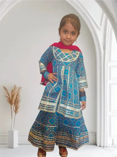 Jaipuri Print Blue Sharara, kids ethnic wear by Stay Desi