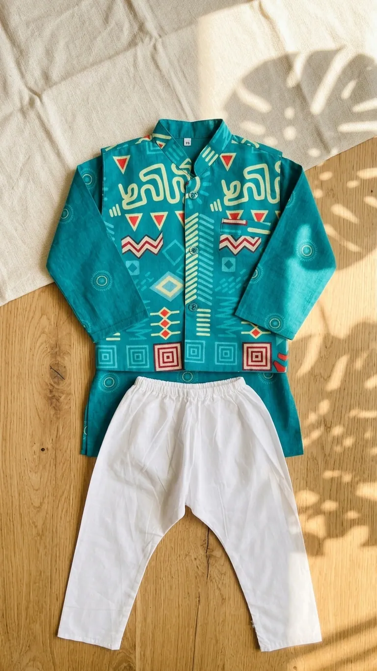 Turquoise Kurta with Printed Jacket, view 2