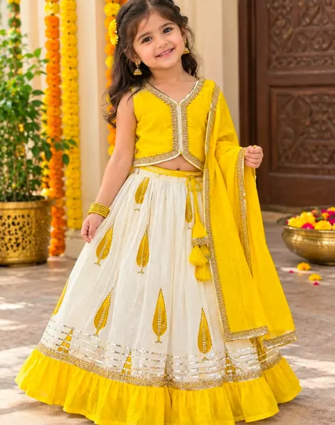 Girls Yellow & White Lehenga, kids ethnic wear by Stay Desi
