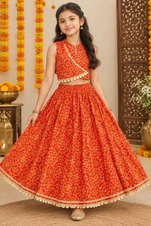 Orange Bandhni Print Lehenga, kids ethnic wear by Stay Desi