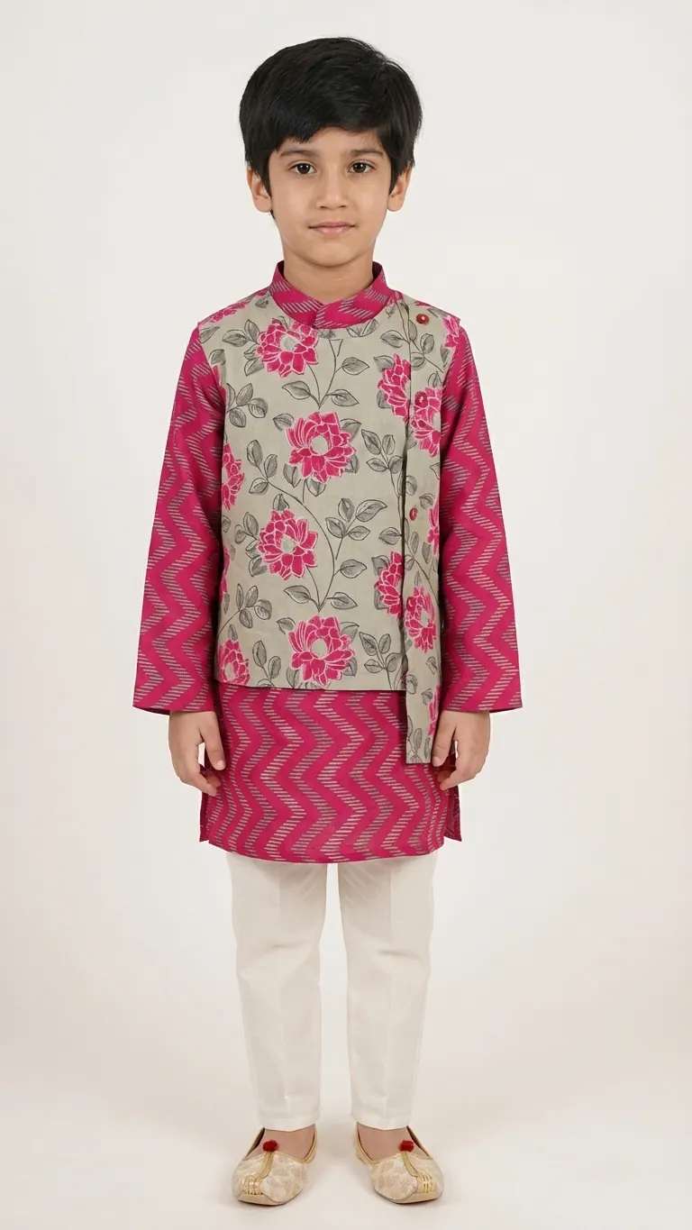 Printed Pink Kurta with Attached Jacket, view 3