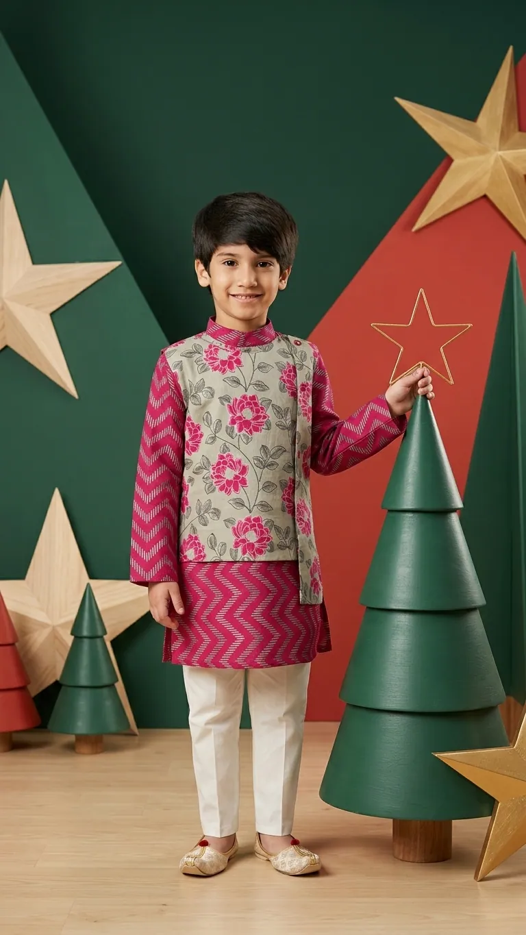 Printed Pink Kurta with Attached Jacket, view 4